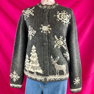 Vintage Woolrich Wool Cardigan Winter Scene Gray Grey 3D Snowflake Womens L 90s